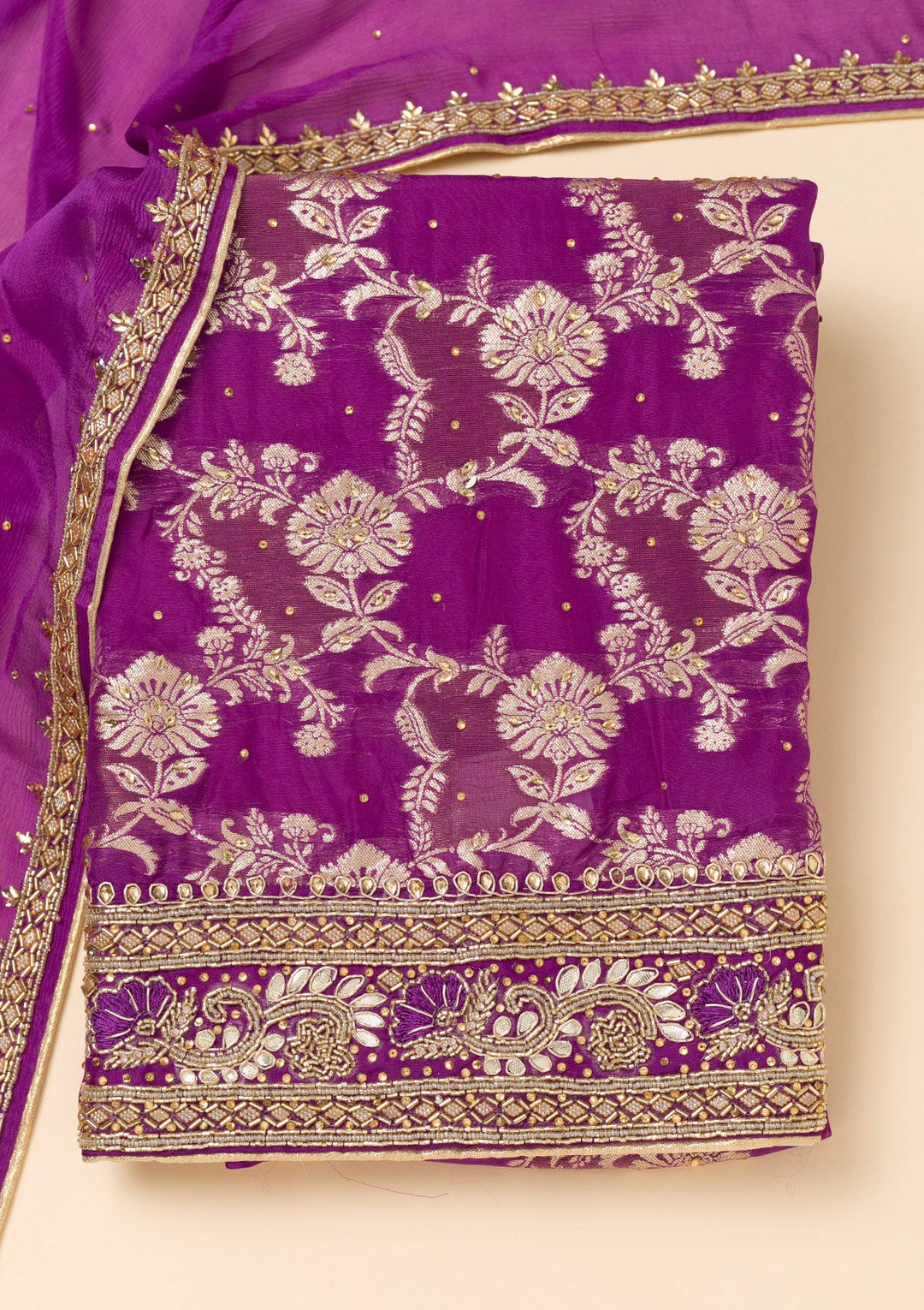 Purple Cutdana Georgette Unstitched Salwar Suit-Koskii