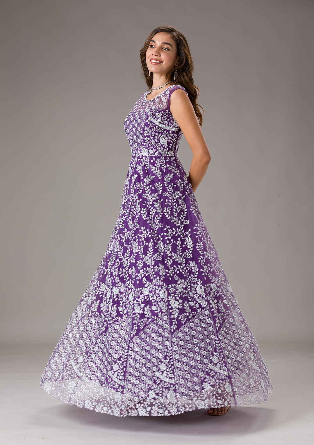 Purple Cutdana Net Gown-Koskii