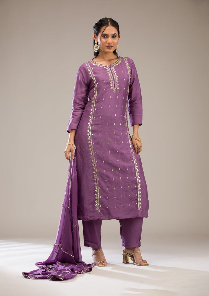 Purple Gotapatti Semi Crepe Readymade Salwar Suit-Koskii