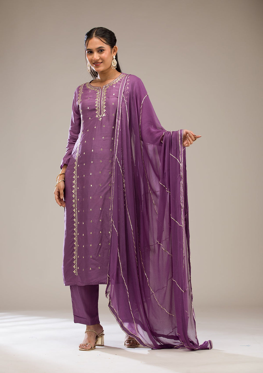 Purple Gotapatti Semi Crepe Readymade Salwar Suit-Koskii