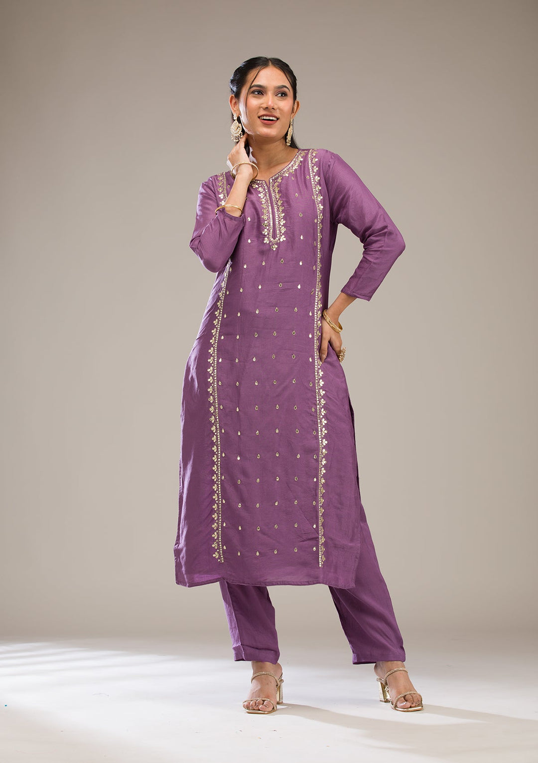 Purple Gotapatti Semi Crepe Readymade Salwar Suit-Koskii