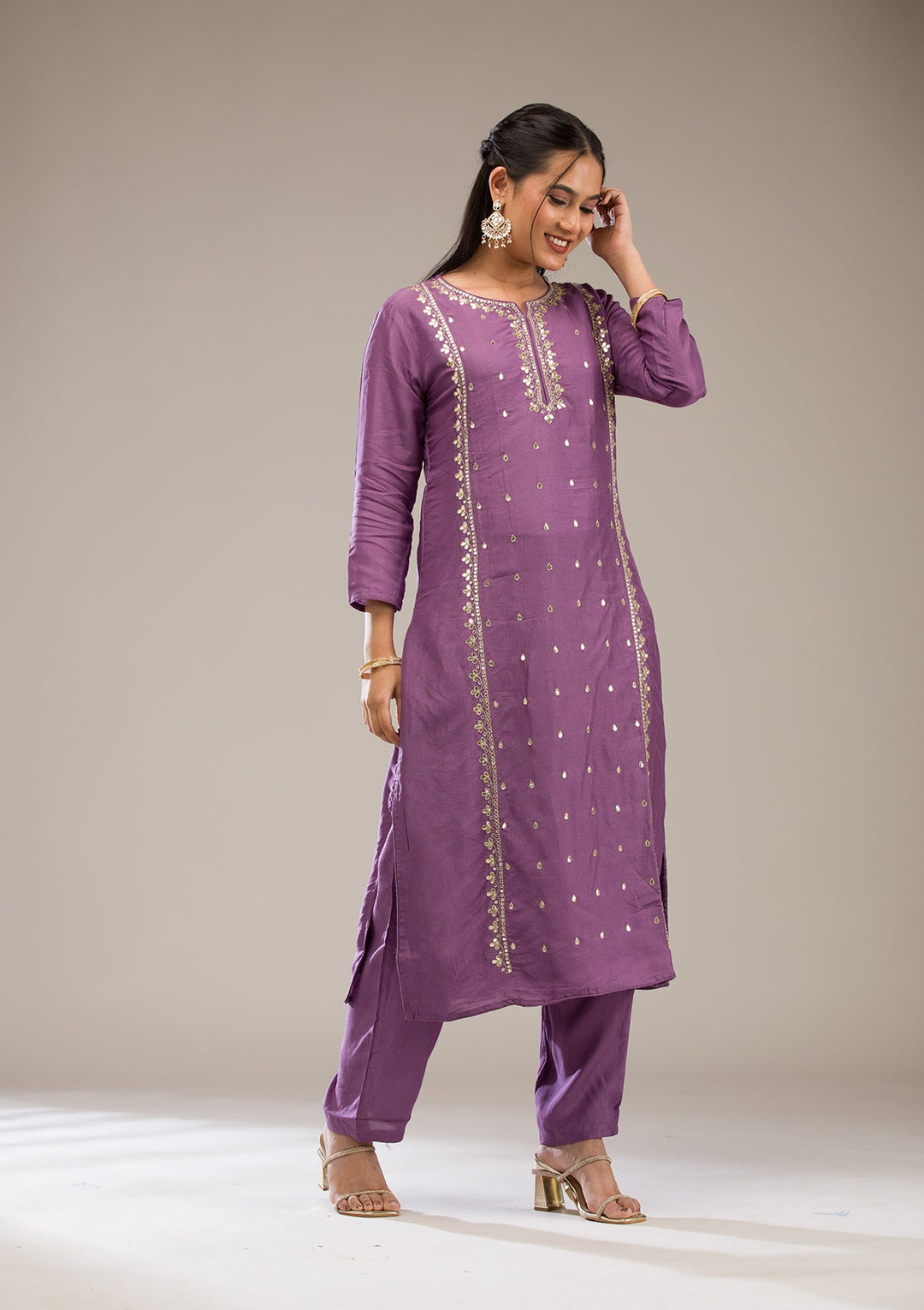 Purple Gotapatti Semi Crepe Readymade Salwar Suit-Koskii