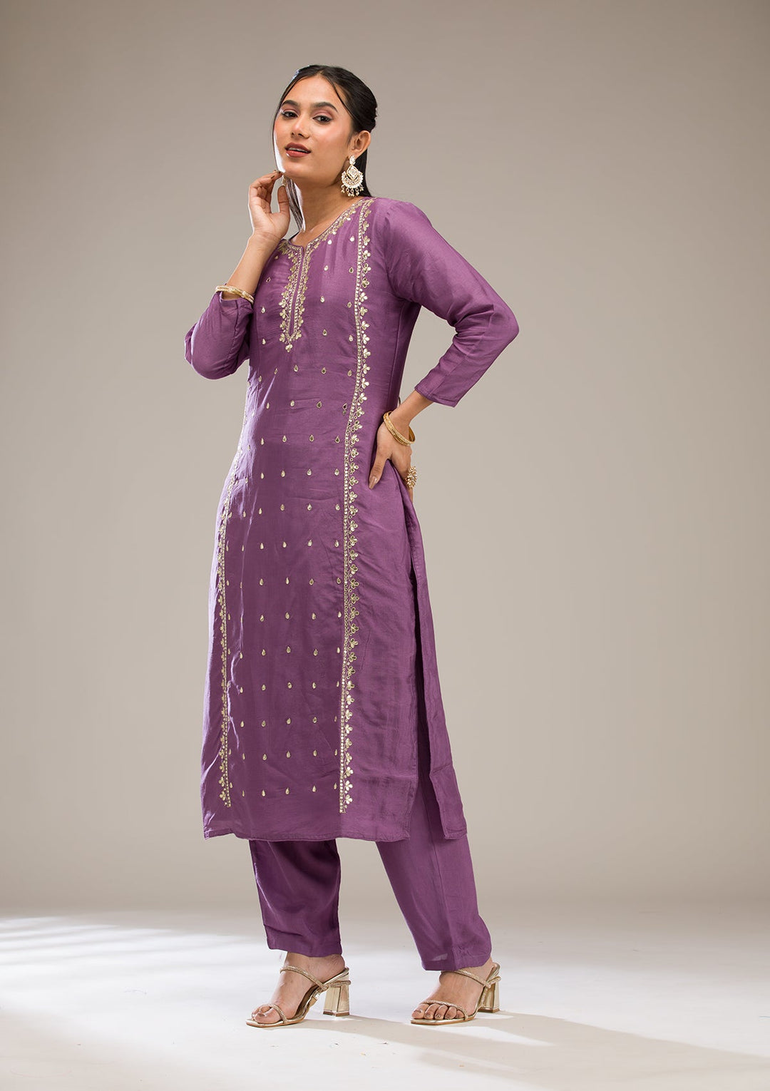 Purple Gotapatti Semi Crepe Readymade Salwar Suit-Koskii