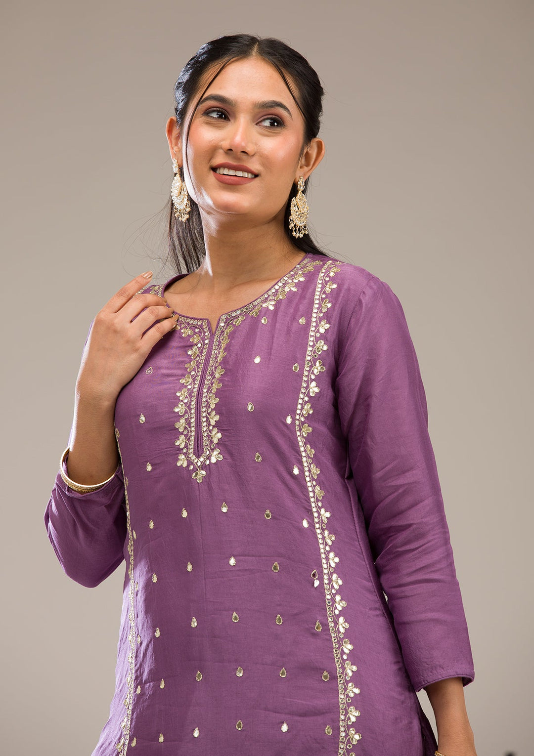 Purple Gotapatti Semi Crepe Readymade Salwar Suit-Koskii