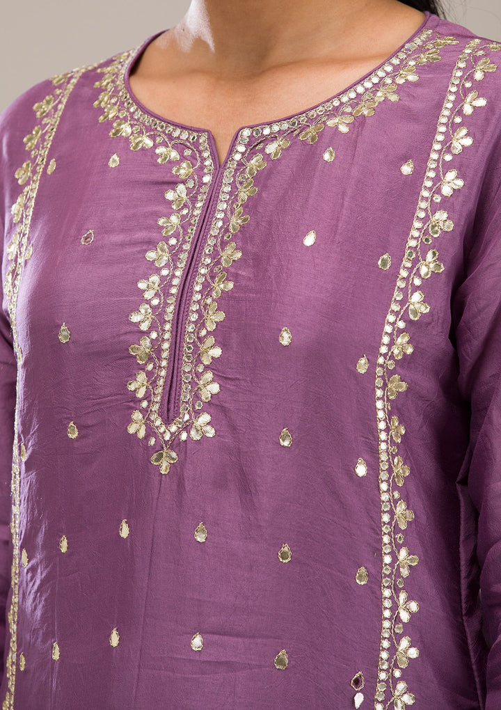 Purple Gotapatti Semi Crepe Readymade Salwar Suit-Koskii