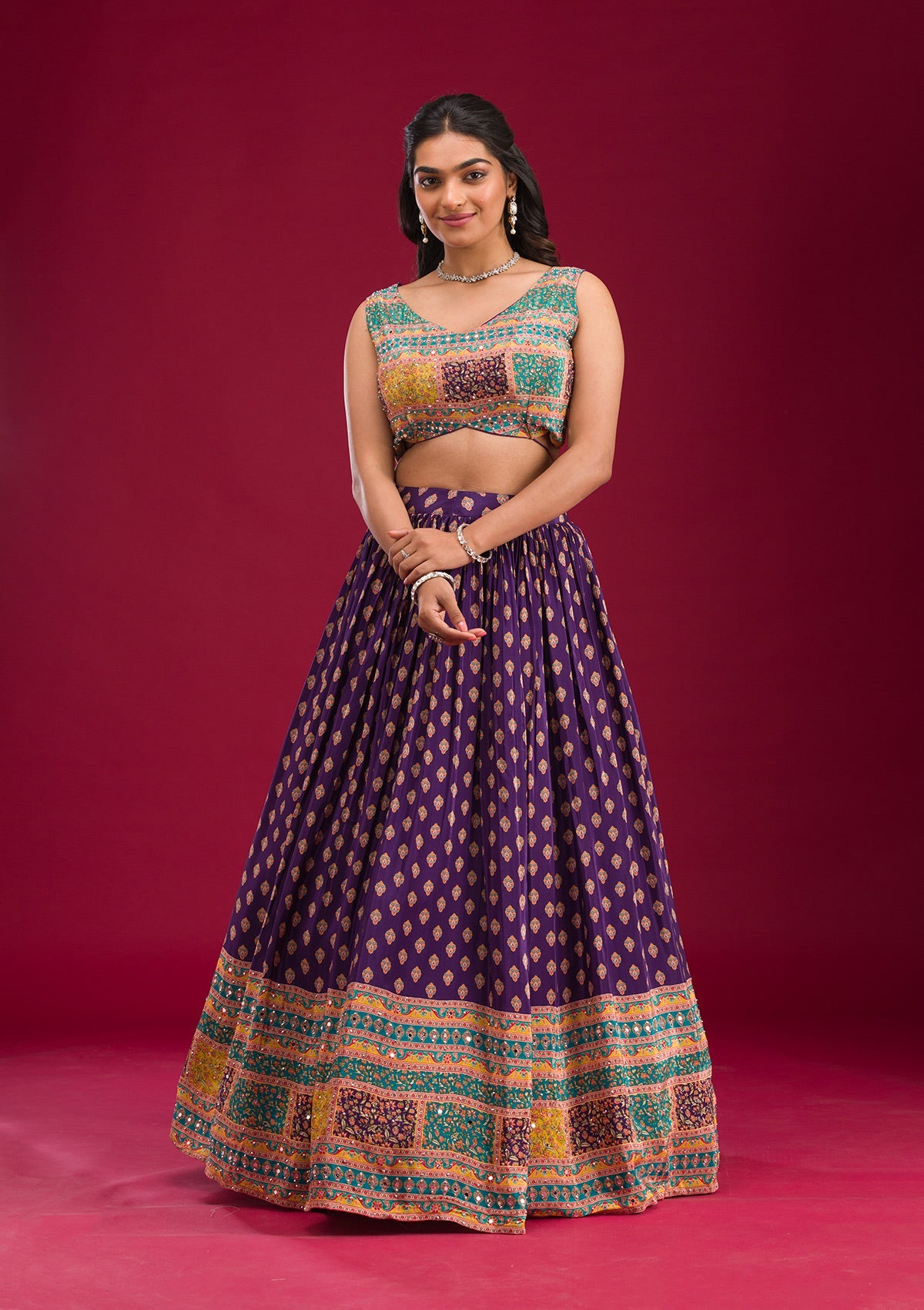 Purple Mirrorwork Georgette Readymade Lehenga