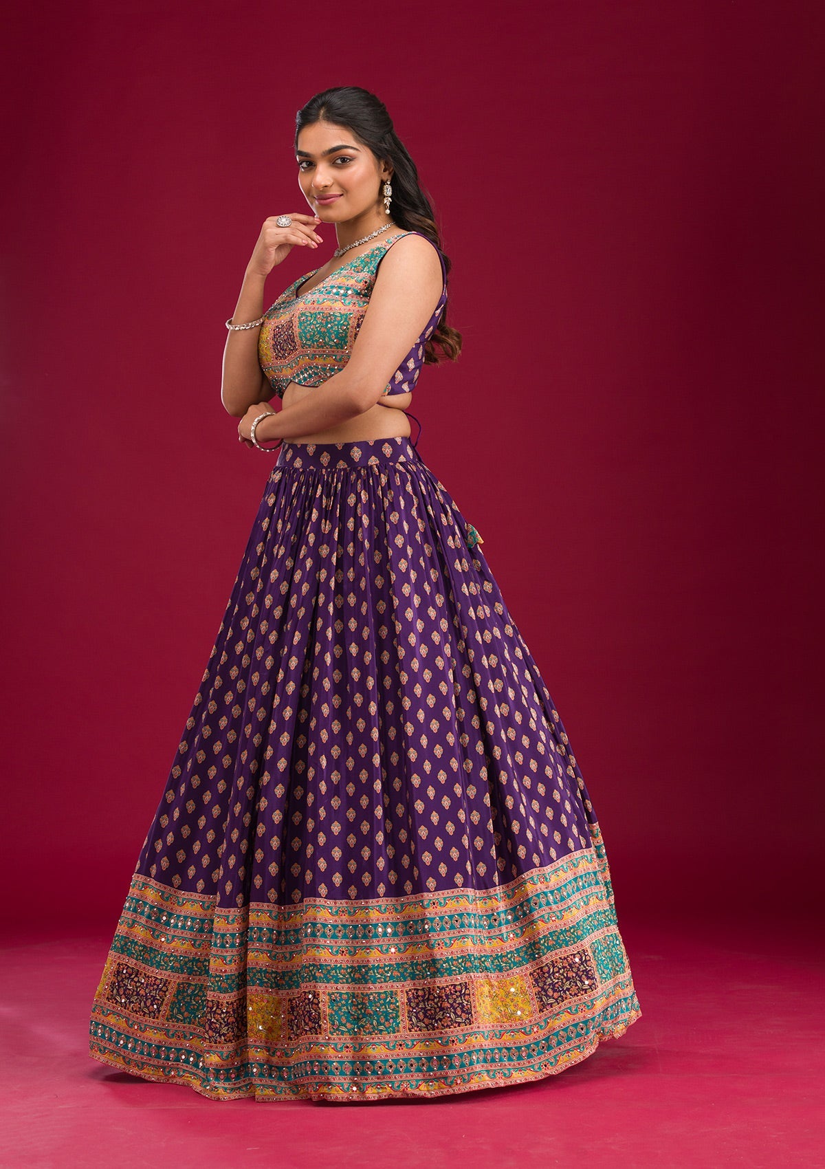 Purple Mirrorwork Georgette Readymade Lehenga