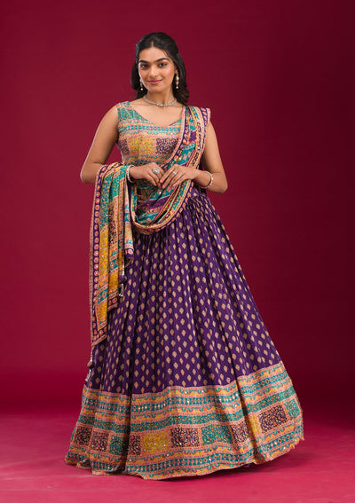 Purple Mirrorwork Georgette Readymade Lehenga-Koskii