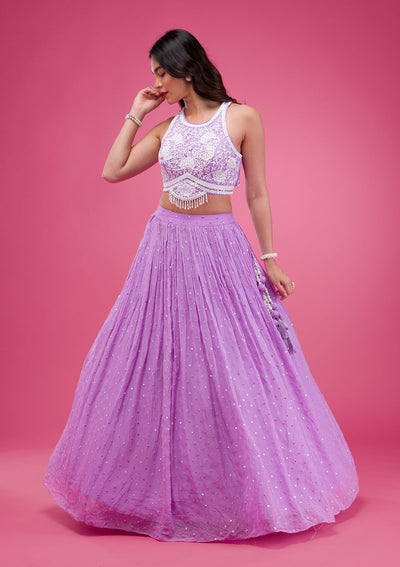 Purple Pearlwork Georgette Readymade Lehenga-Koskii