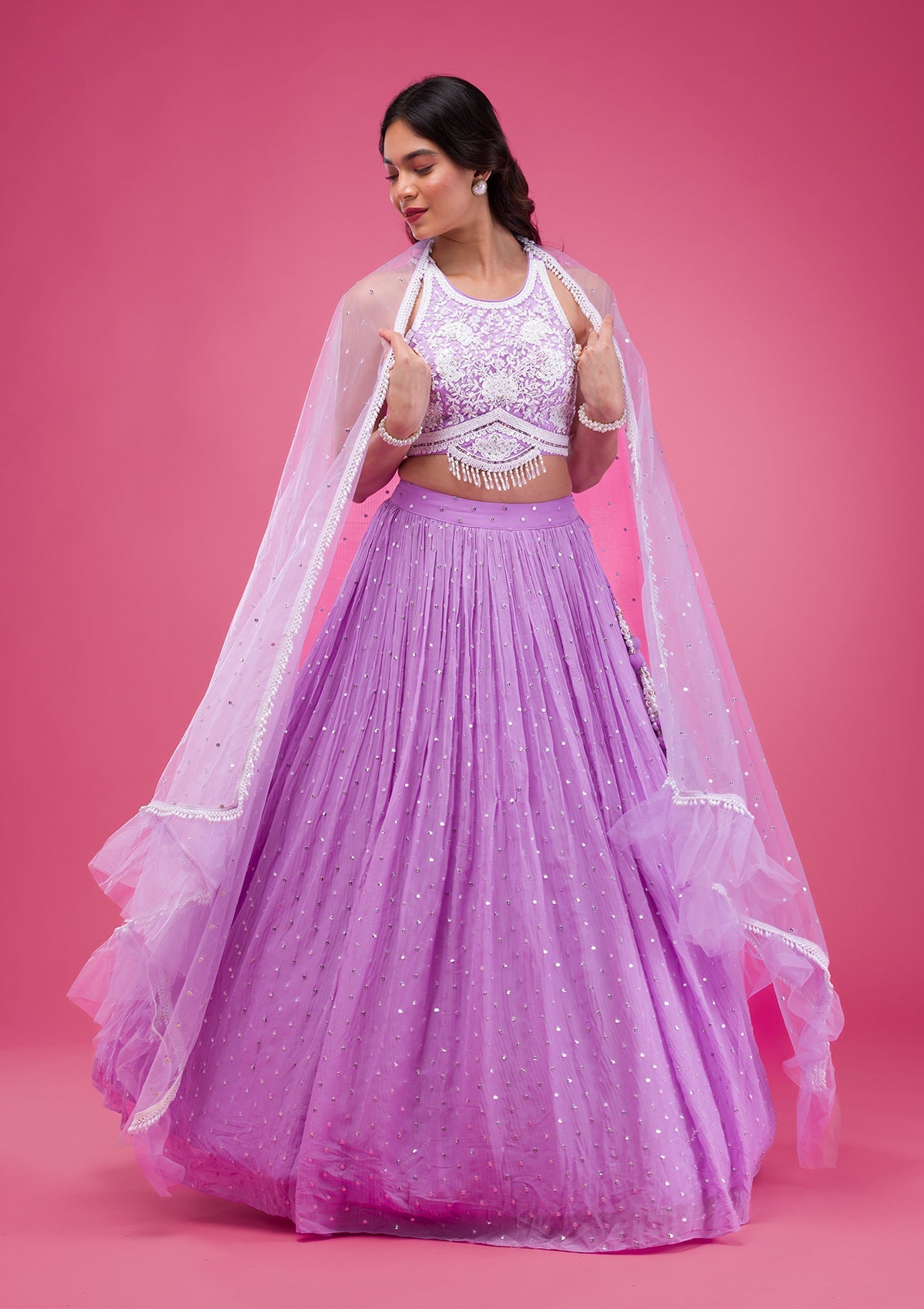 Purple Pearlwork Georgette Readymade Lehenga-Koskii