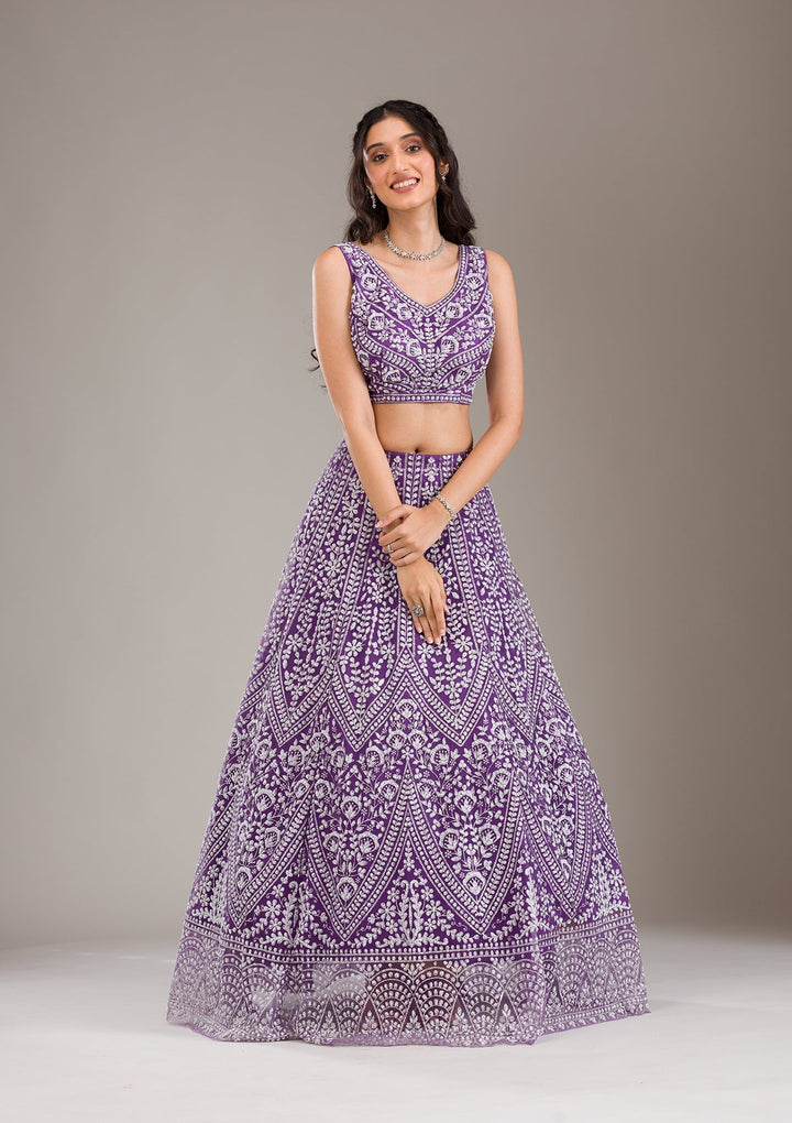 Purple Pearlwork Net Readymade Lehenga-Koskii