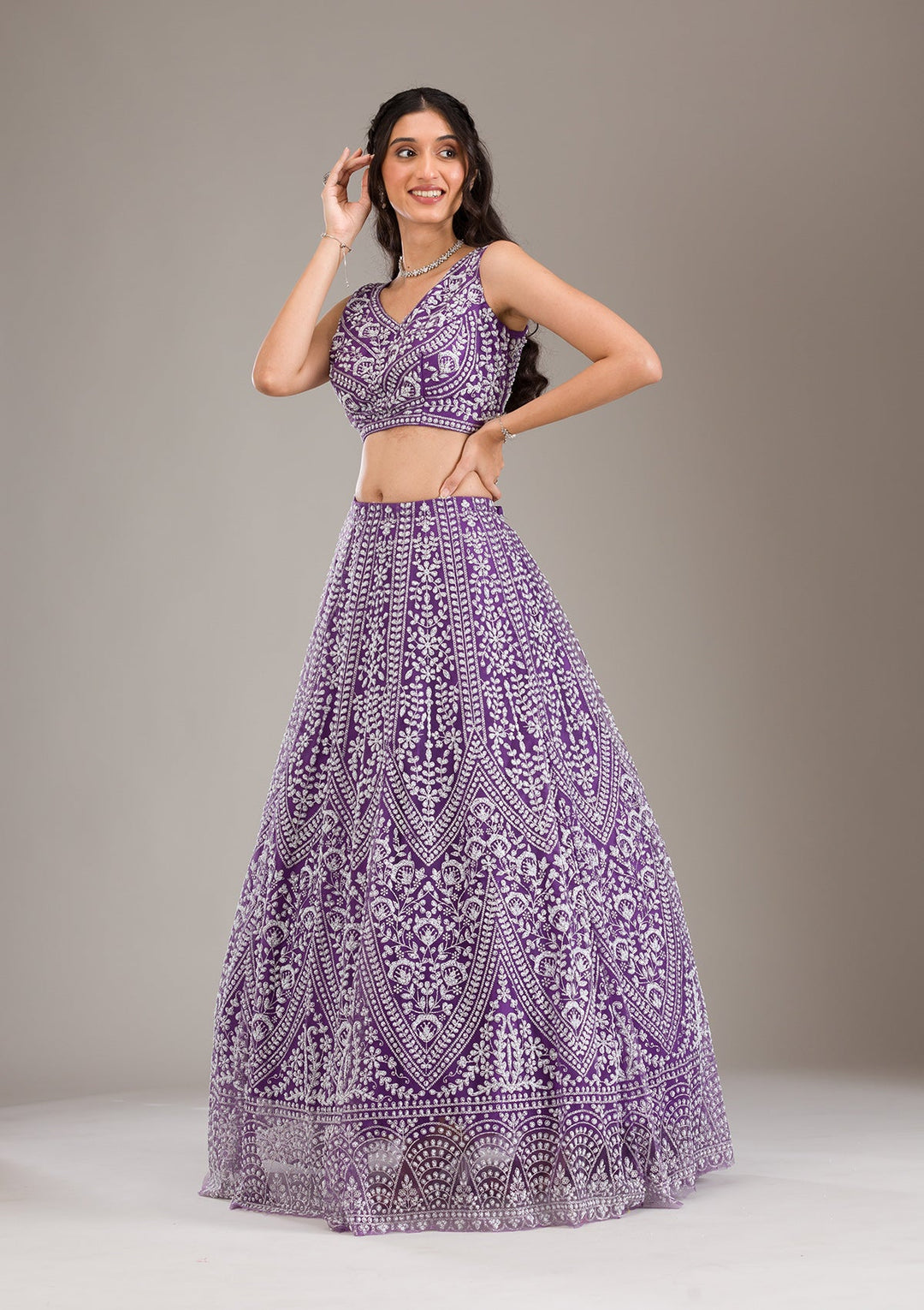 Purple Pearlwork Net Readymade Lehenga-Koskii