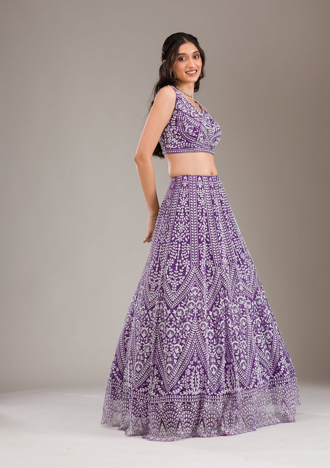 Purple Pearlwork Net Readymade Lehenga-Koskii