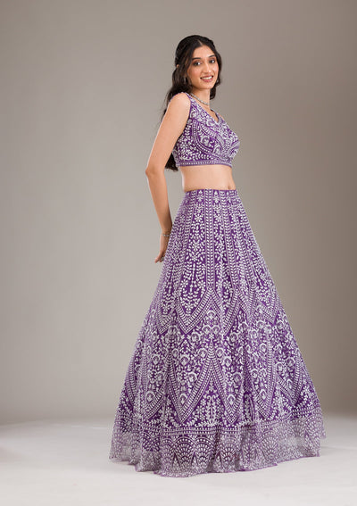 Purple Pearlwork Net Readymade Lehenga-Koskii