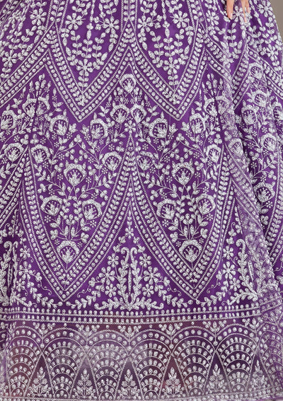 Purple Pearlwork Net Readymade Lehenga-Koskii