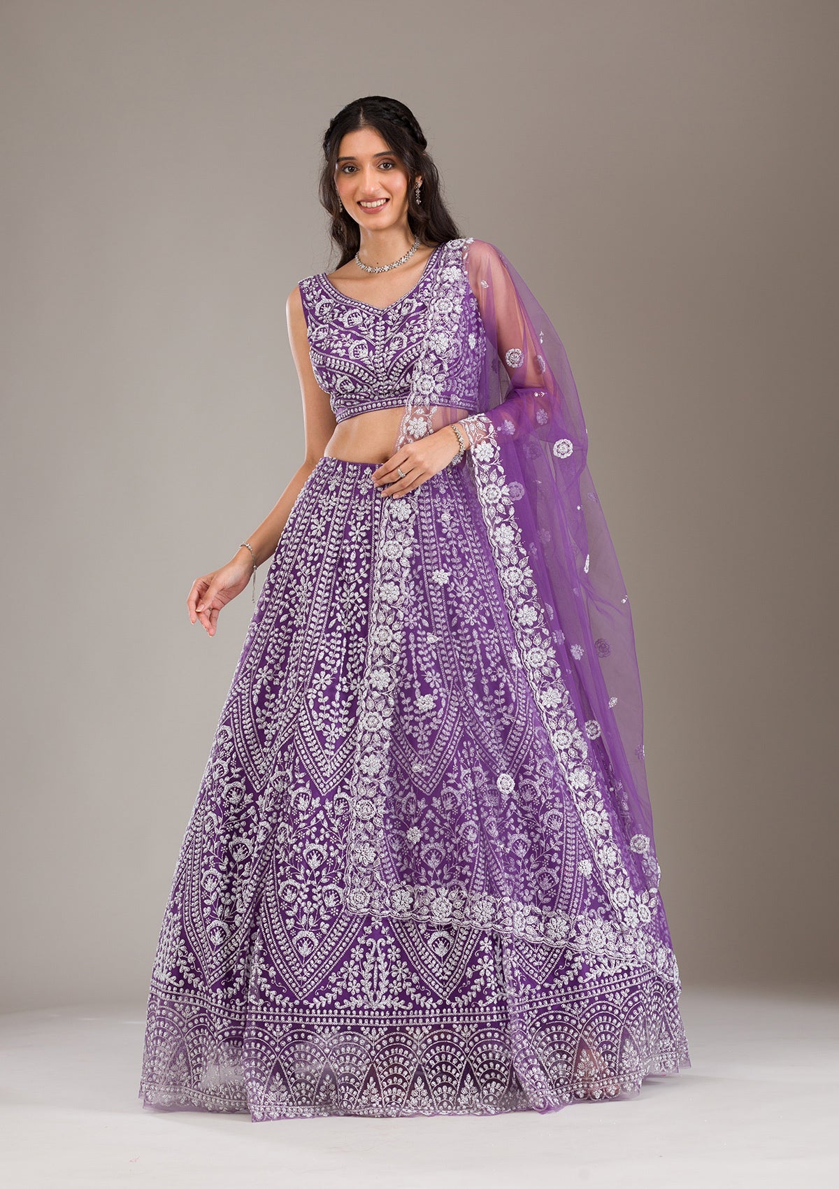 Purple Pearlwork Net Readymade Lehenga-Koskii