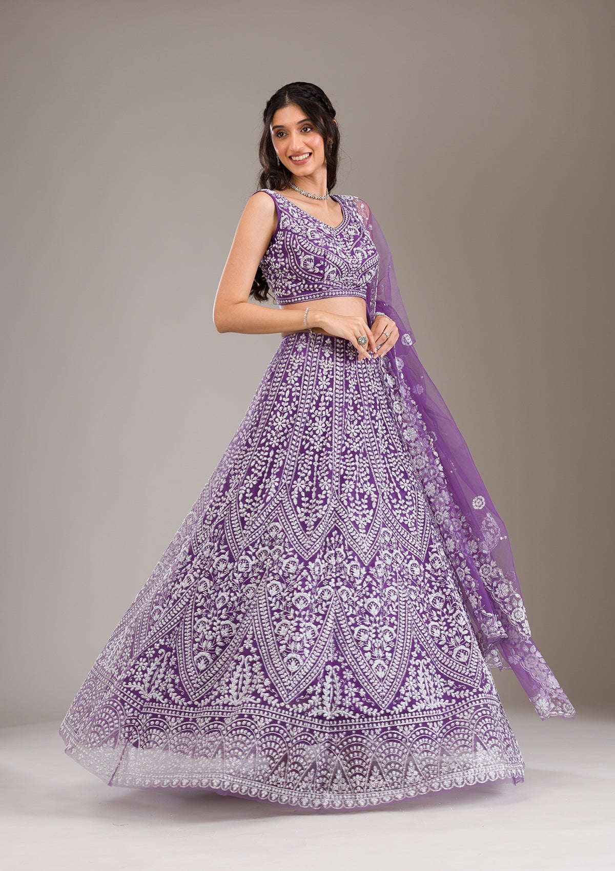 Purple Pearlwork Net Readymade Lehenga-Koskii