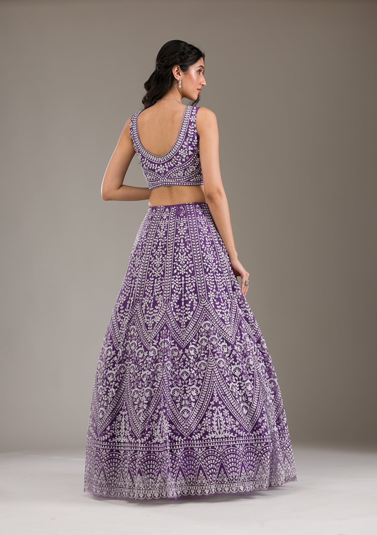 Purple Pearlwork Net Readymade Lehenga-Koskii