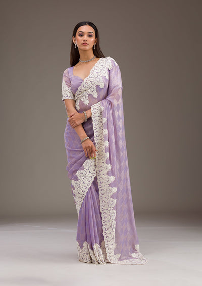 Purple Pearlwork Tissue Saree-Koskii