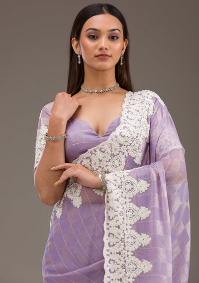 Purple Pearlwork Tissue Saree-Koskii