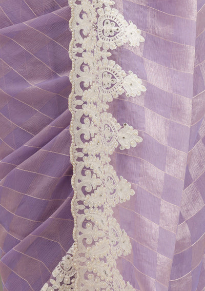 Purple Pearlwork Tissue Saree-Koskii