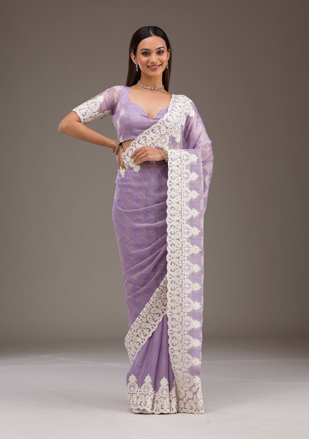 Purple Pearlwork Tissue Saree-Koskii