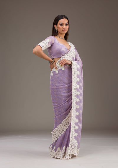 Purple Pearlwork Tissue Saree-Koskii