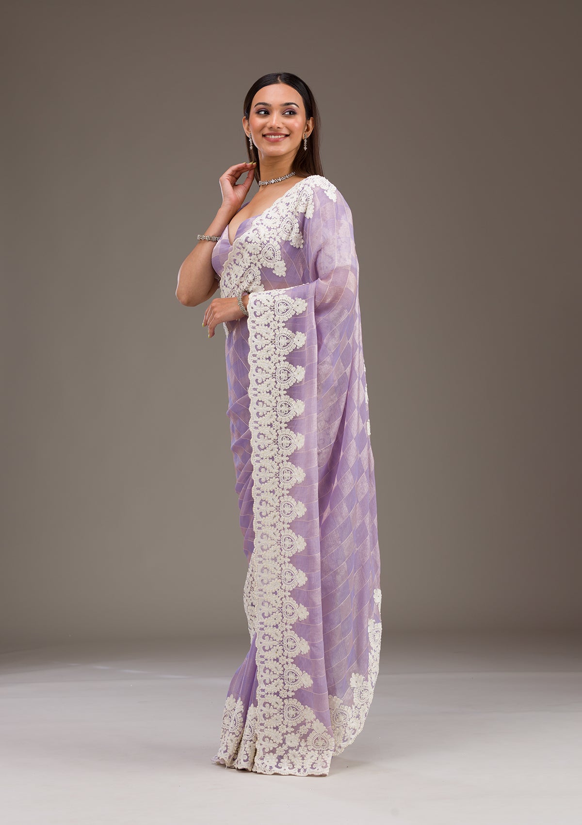 Purple Pearlwork Tissue Saree-Koskii