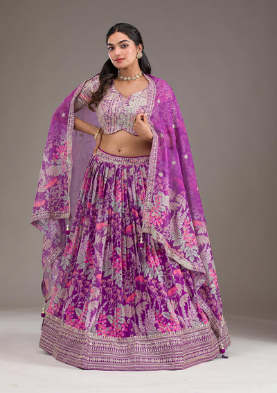 Purple Printed Georgette Readymade Lehenga-Koskii