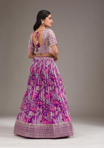 Purple Printed Georgette Readymade Lehenga-Koskii