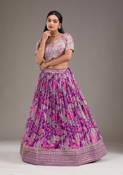 Purple Printed Georgette Readymade Lehenga-Koskii