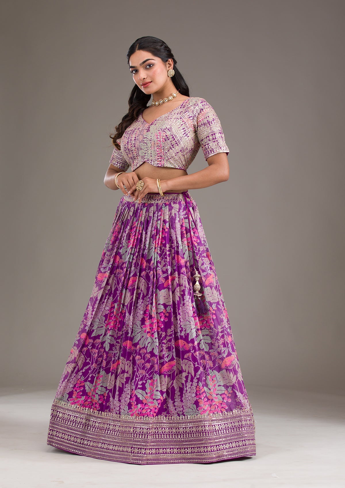 Purple Printed Georgette Readymade Lehenga-Koskii