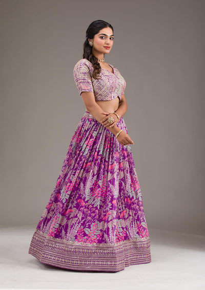 Purple Printed Georgette Readymade Lehenga-Koskii