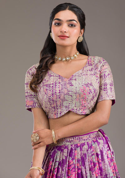 Purple Printed Georgette Readymade Lehenga-Koskii