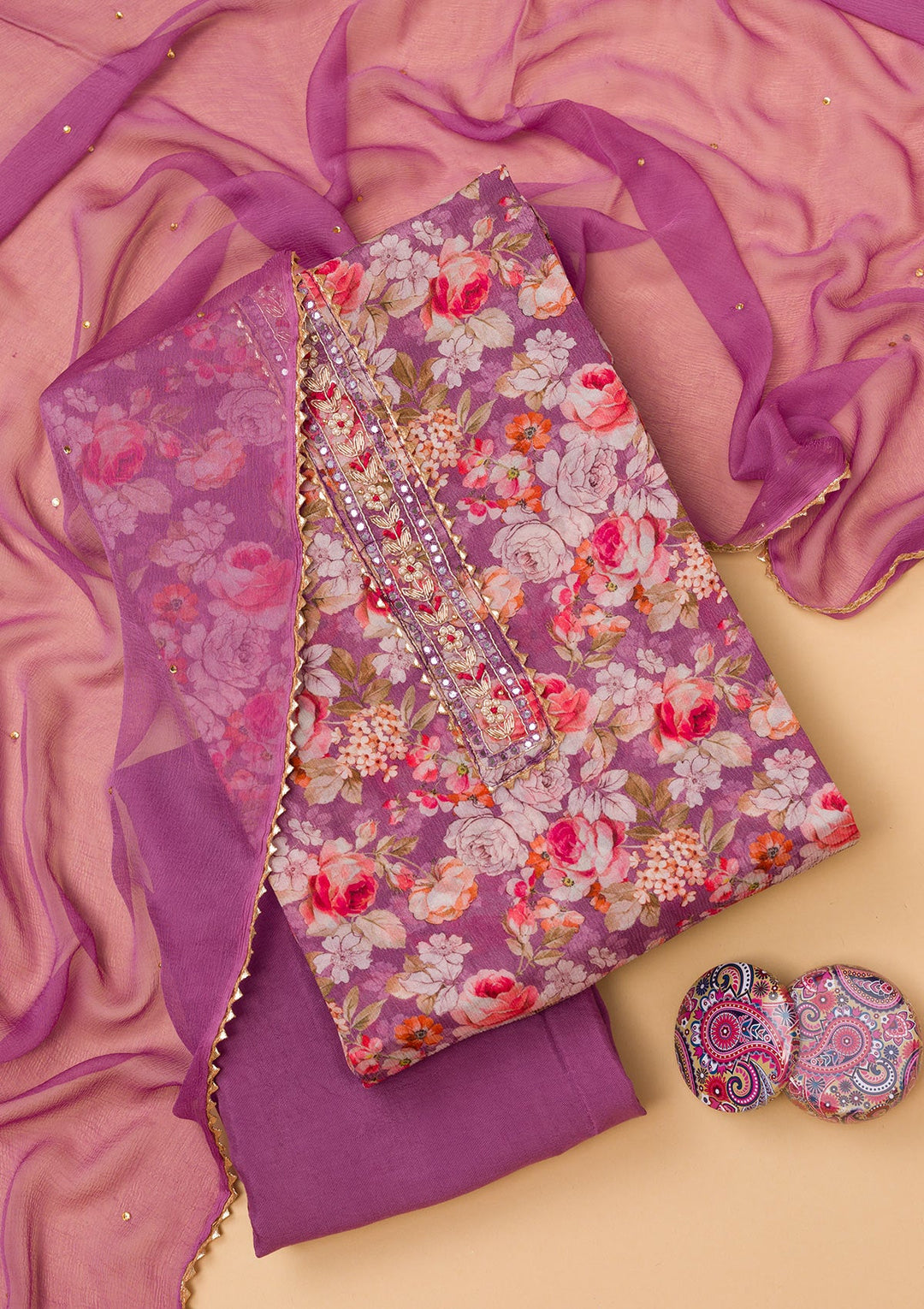 Purple Printed Georgette Unstitched Salwar Suit-Koskii