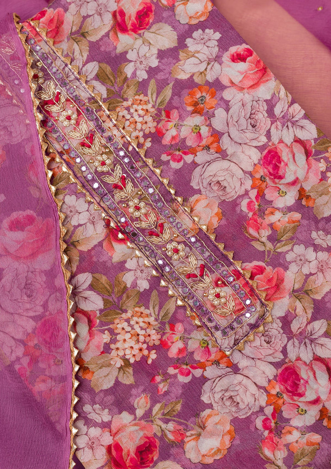 Purple Printed Georgette Unstitched Salwar Suit-Koskii