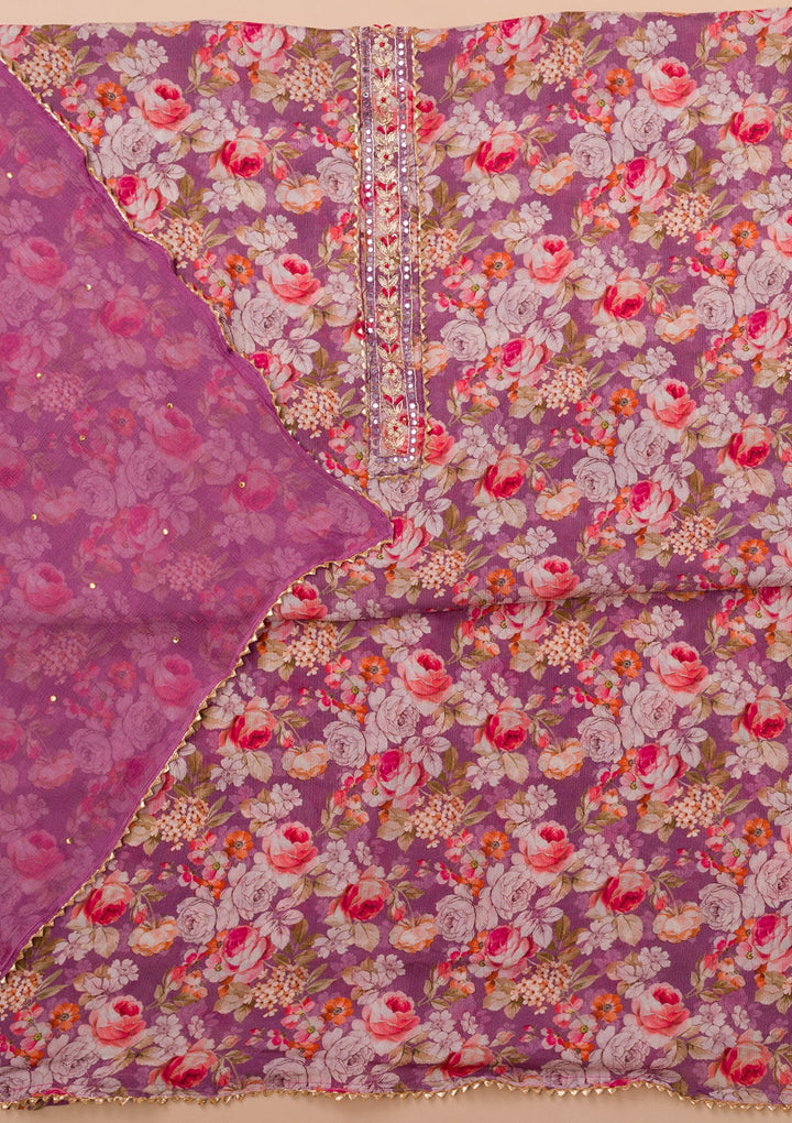 Purple Printed Georgette Unstitched Salwar Suit-Koskii
