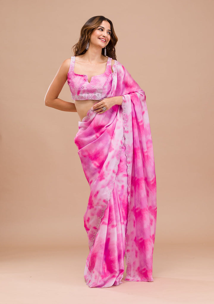 Purple Printed Satin Saree-Koskii