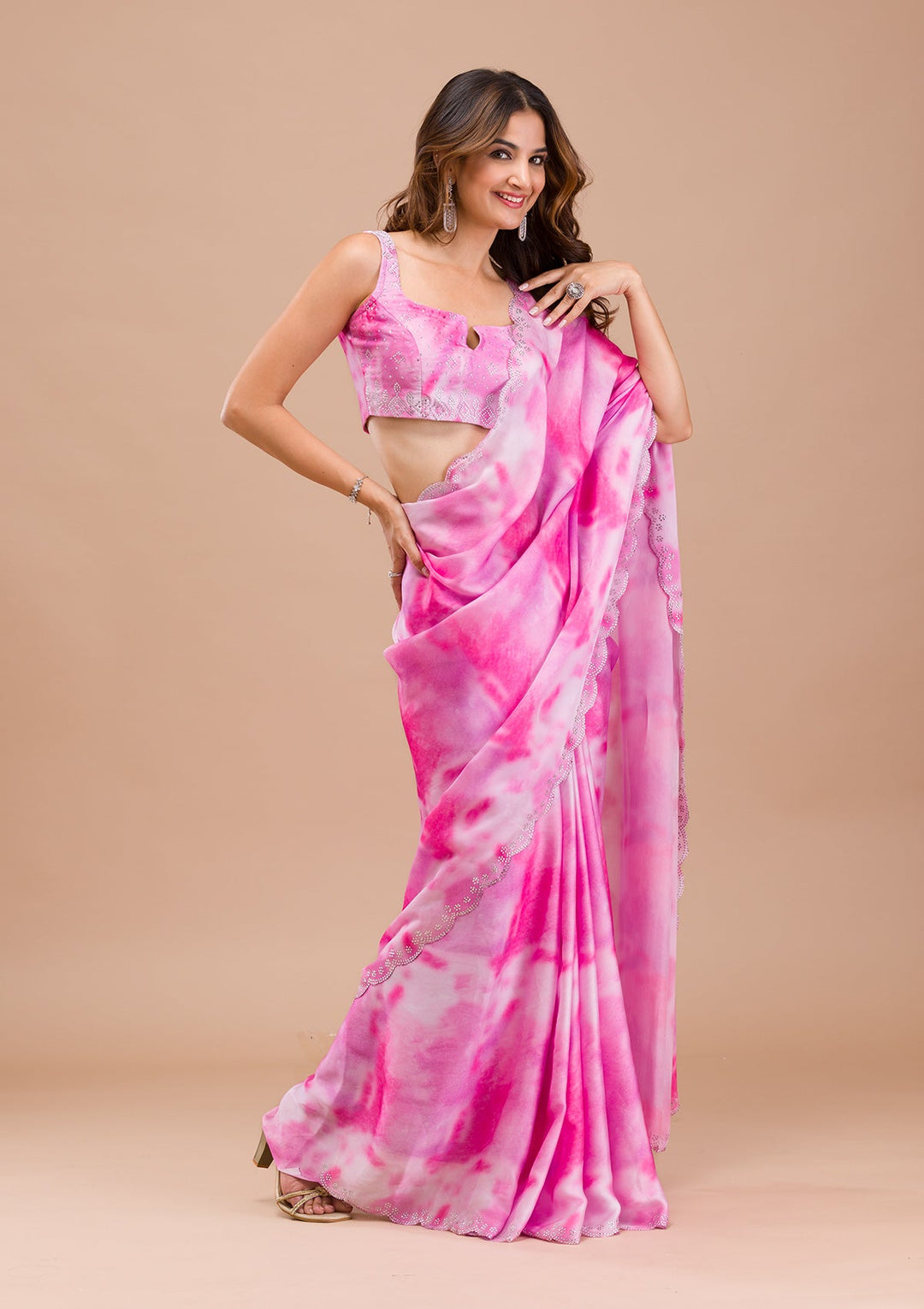 Purple Printed Satin Saree-Koskii
