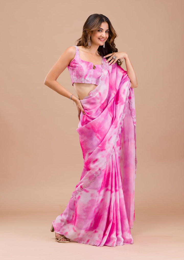 Purple Printed Satin Saree-Koskii