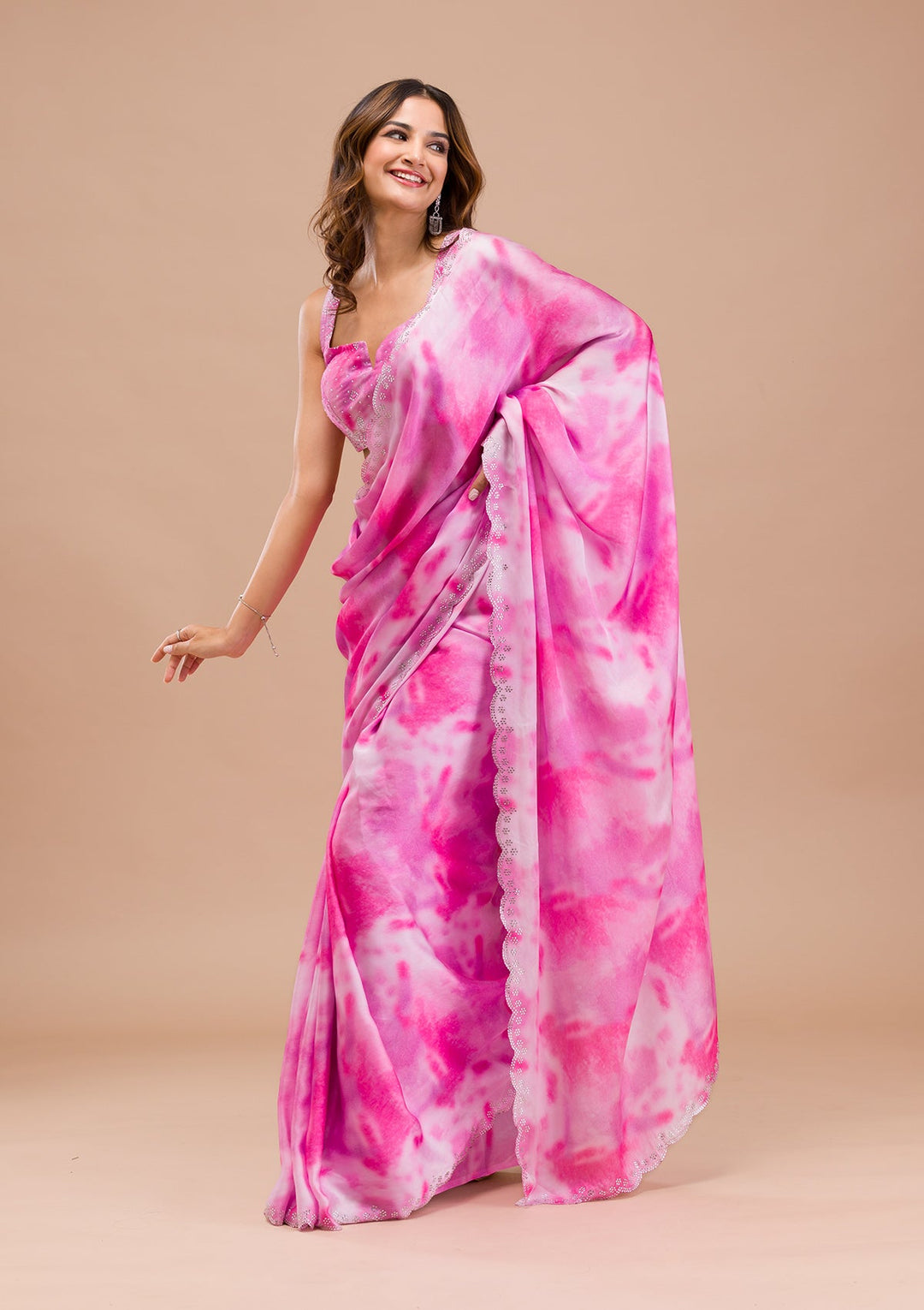 Purple Printed Satin Saree-Koskii