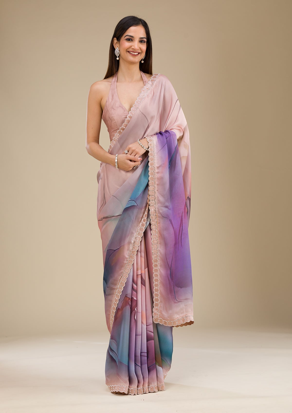 Purple Printed Satin Saree-Koskii