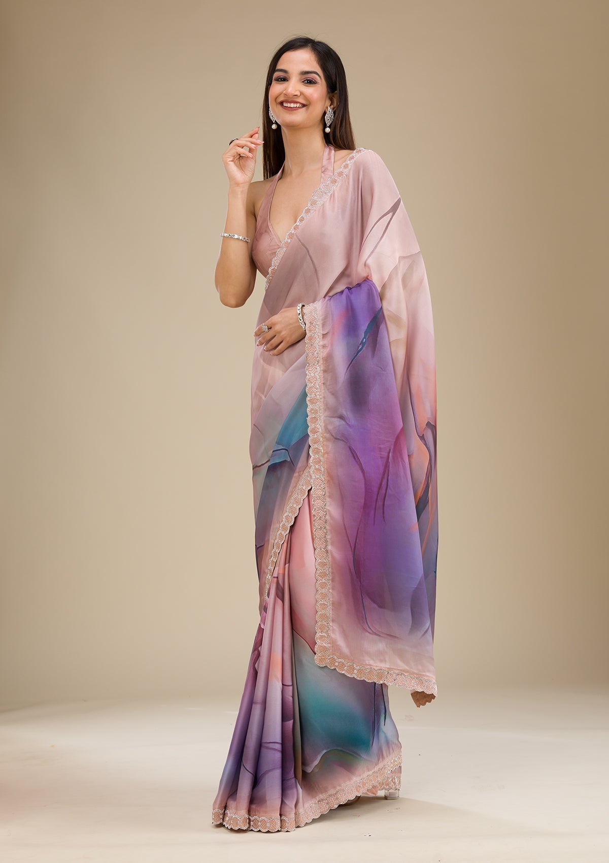 Purple Printed Satin Saree-Koskii