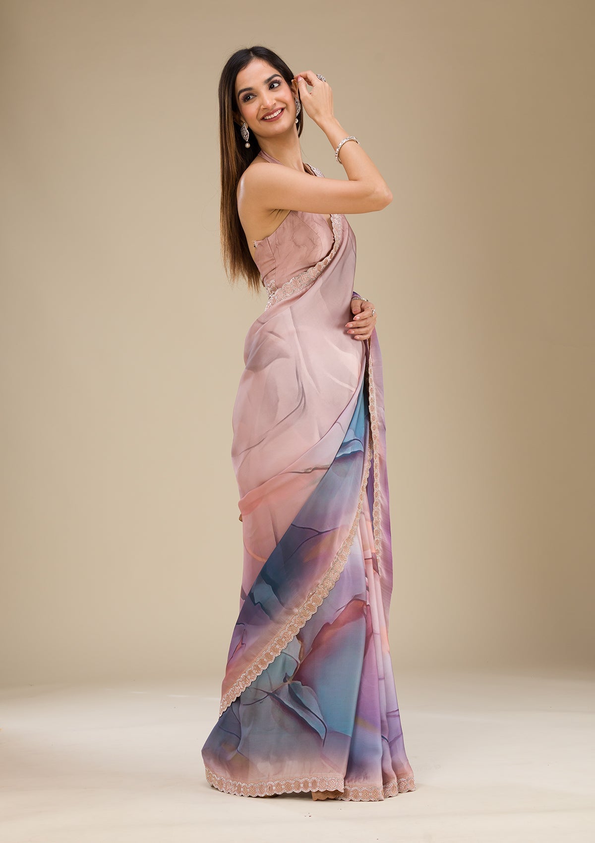 Purple Printed Satin Saree-Koskii