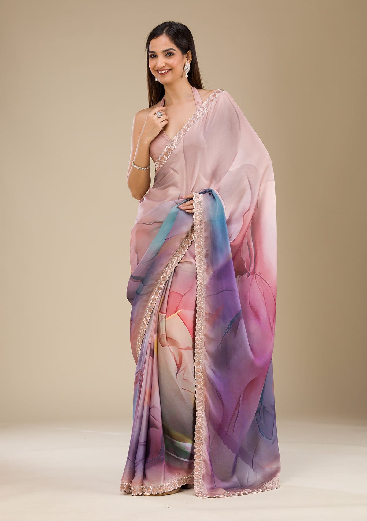 Purple Printed Satin Saree-Koskii