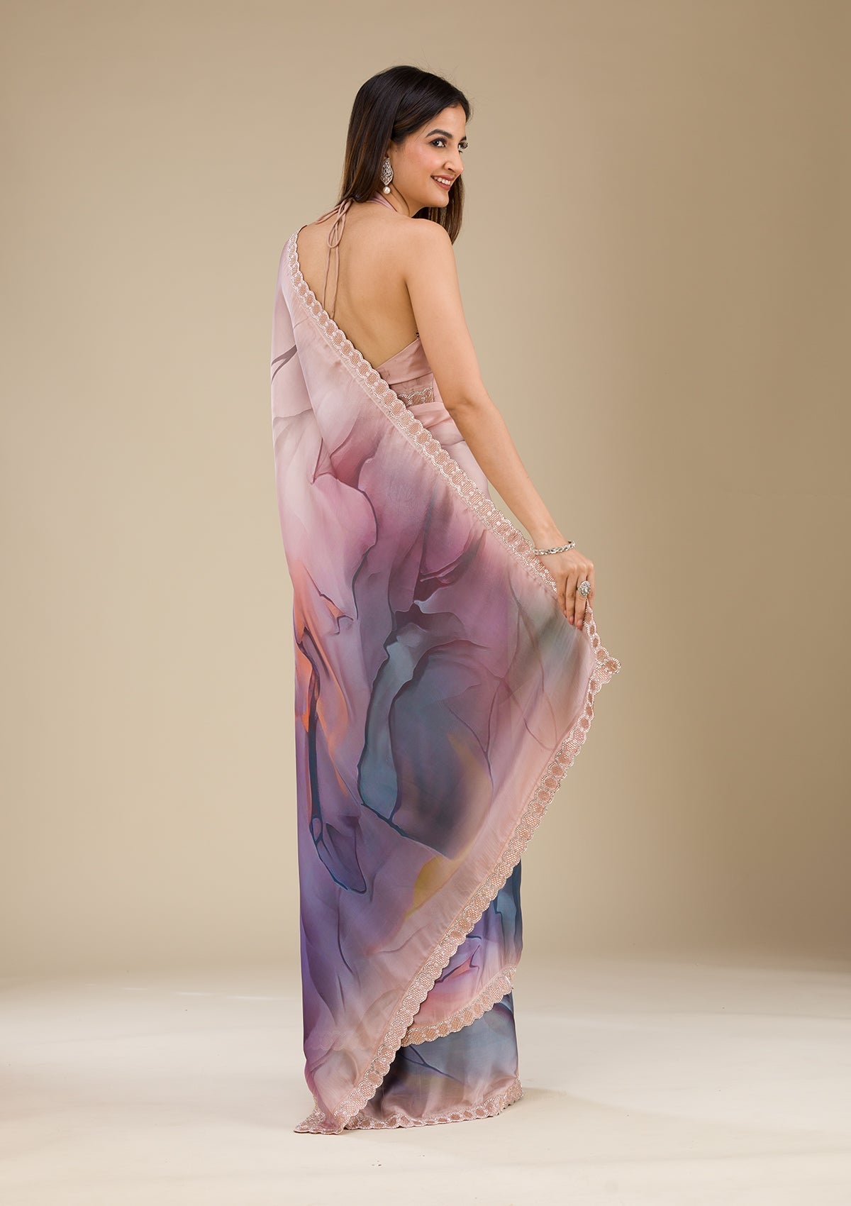 Purple Printed Satin Saree-Koskii