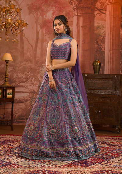 Purple Printed Semi Crepe Readymade Lehenga-Koskii