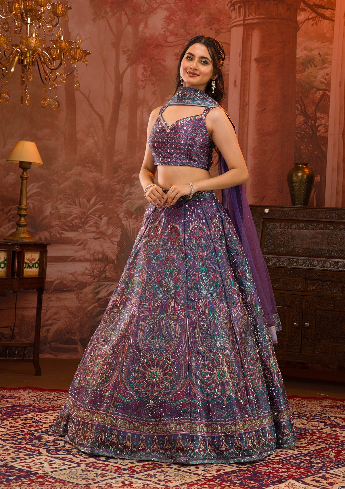 Purple Printed Semi Crepe Readymade Lehenga-Koskii