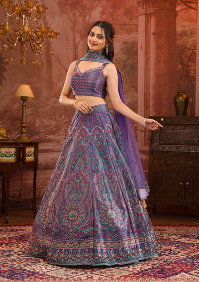 Purple Printed Semi Crepe Readymade Lehenga-Koskii