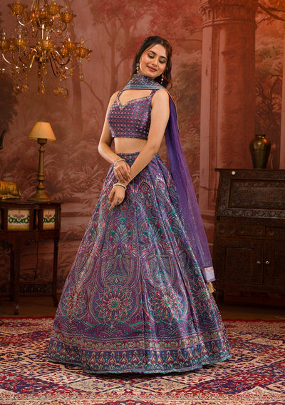 Purple Printed Semi Crepe Readymade Lehenga-Koskii